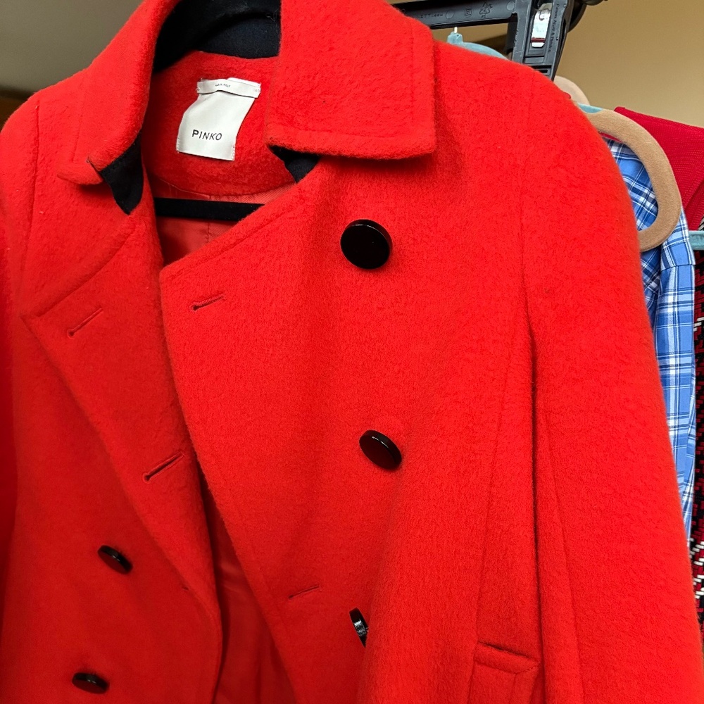 PINKO Designer Couture Runway Red Orange Alpaca Wool Blazer Coat Peacoat Jacket